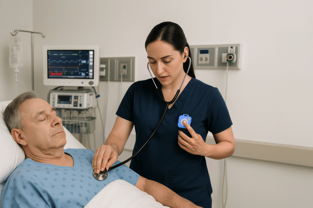 Female nurse helping male patient