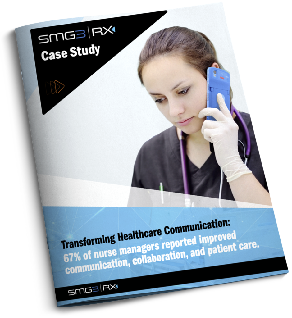 Nurse talking on a Zebra Technologies HC50 device. Text reads SMG3Rx Case Study. Title is Transforming Healthcare Communication