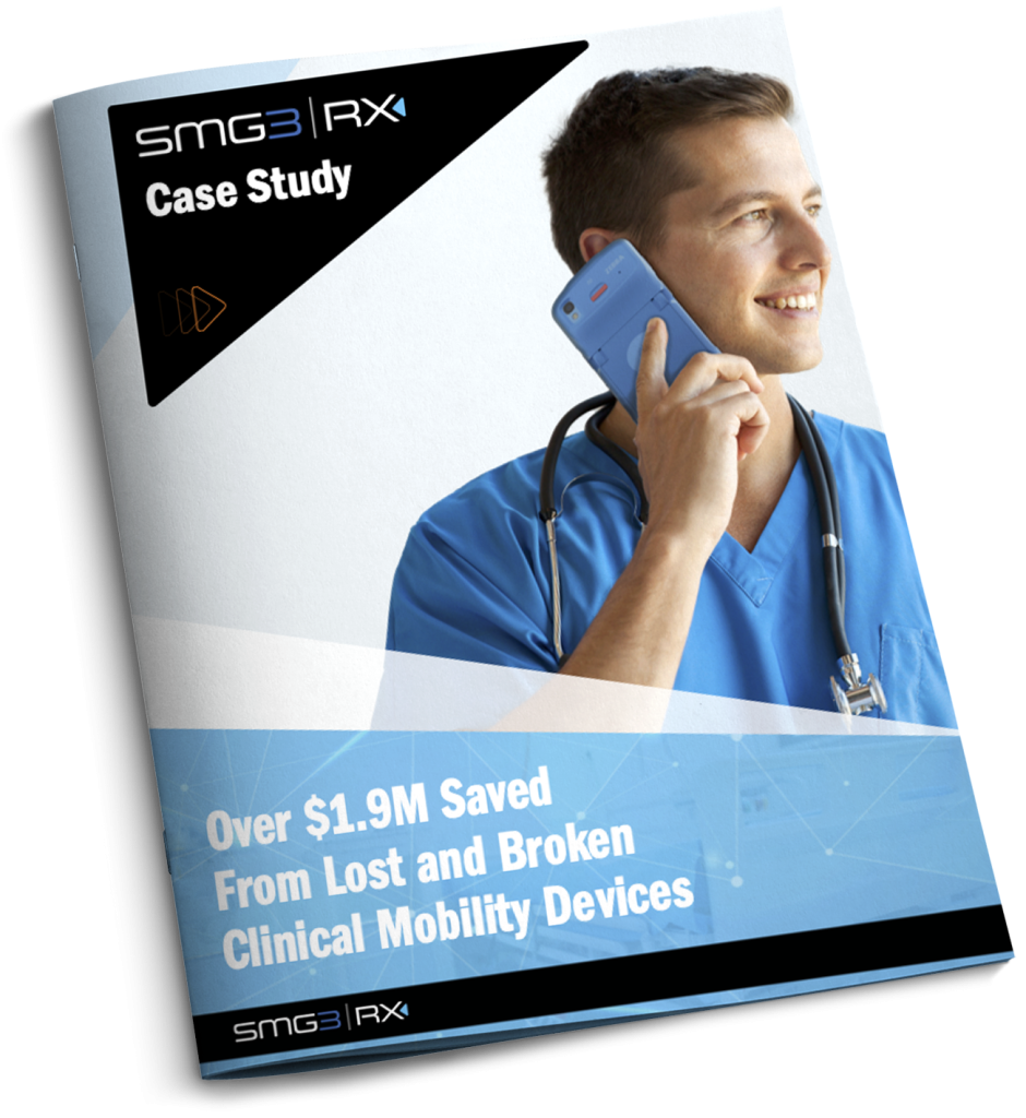 Header SMG3Rx Logo and Case Study text. Photo of clinician talking on Zebra HC50.