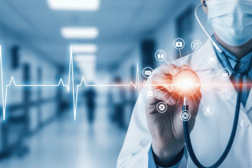 Doctor with stethescope and digital images